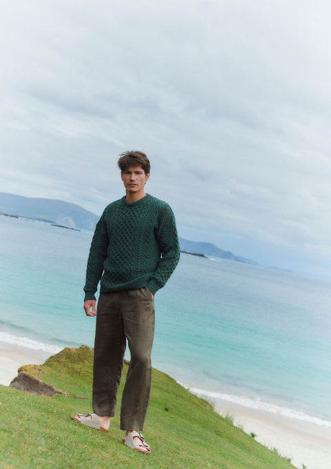 Pull traditionnel mérinos Aran pour hommes Inisheer - Vert