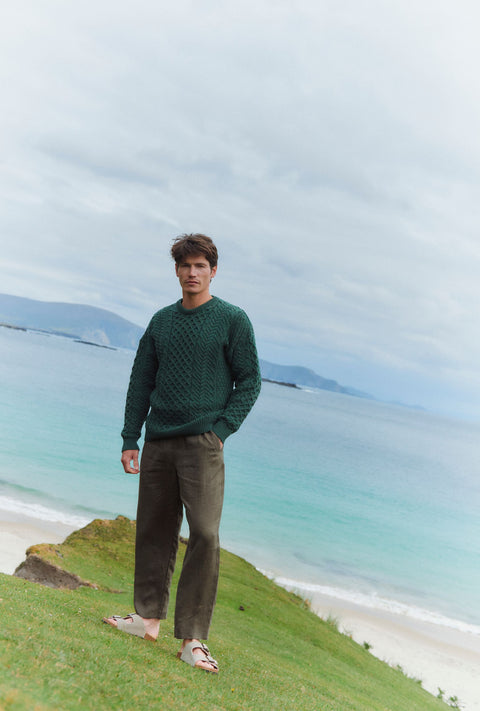 Inisheer Traditional Mens Merino Aran Sweater - Green