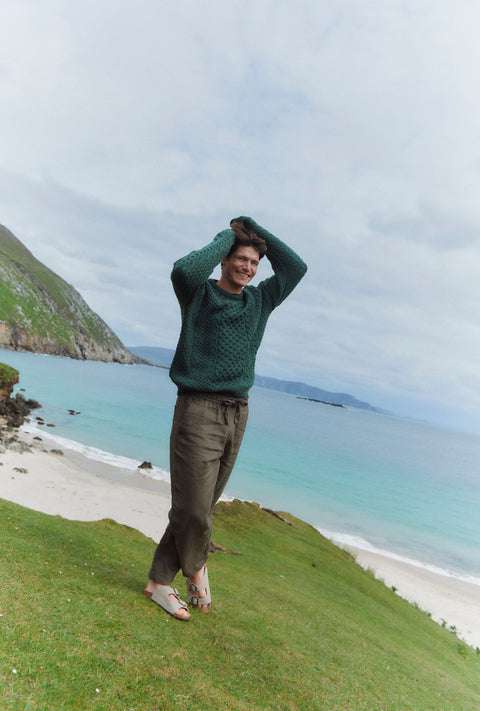 Inisheer Traditional Mens Merino Aran Sweater - Green