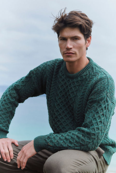 Inisheer Traditional Mens Merino Aran Sweater - Green