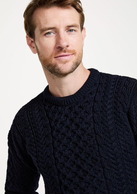 Made in Ireland, knitwear, men's sweater, Aran sweater, merino wool, cable knit, unisex, fisherman, navy jumper