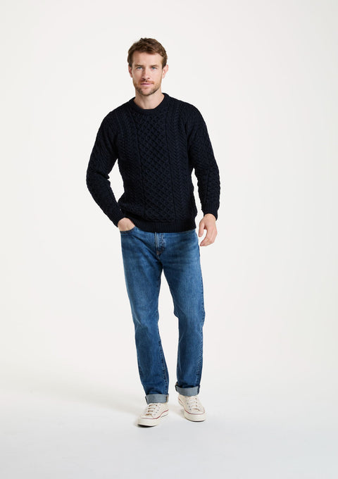 men's sweater, merino wool, made in Ireland, knitwear, men's jumper, crew neck,aran, Ireland, navy