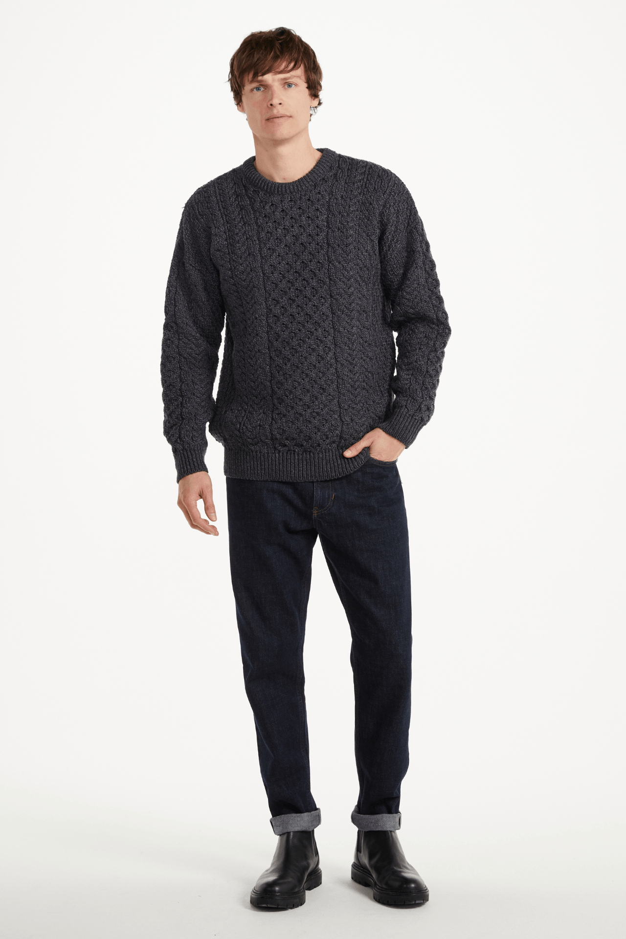 Inisheer Traditional Mens Merino Aran Sweater - Charcoal