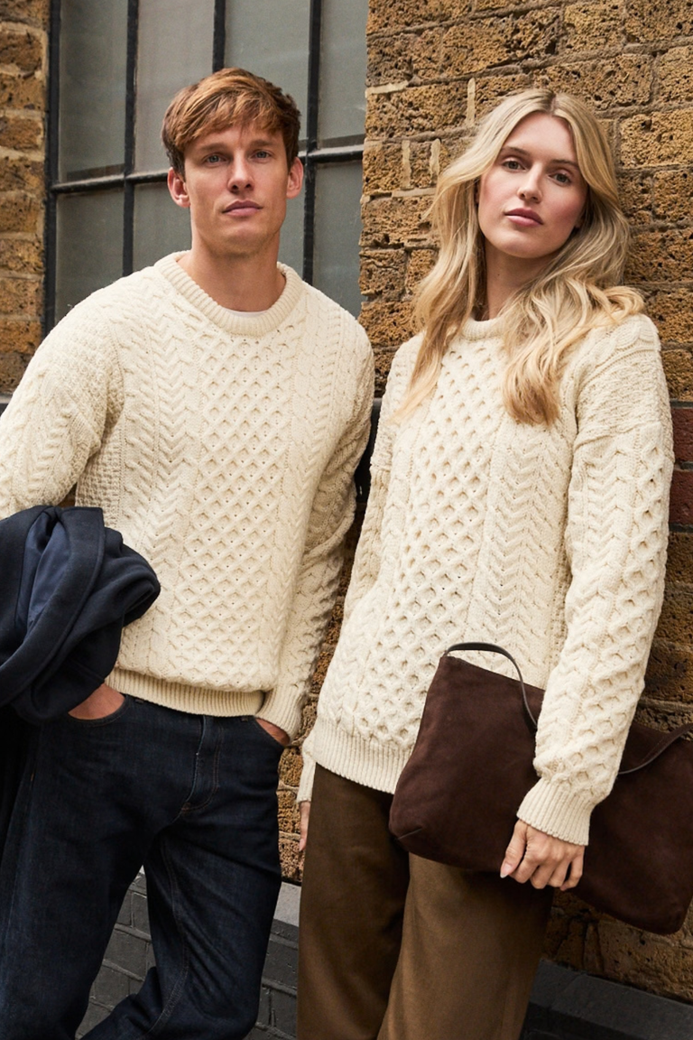 Inisheer Traditional Mens Merino Aran Sweater - Cream
