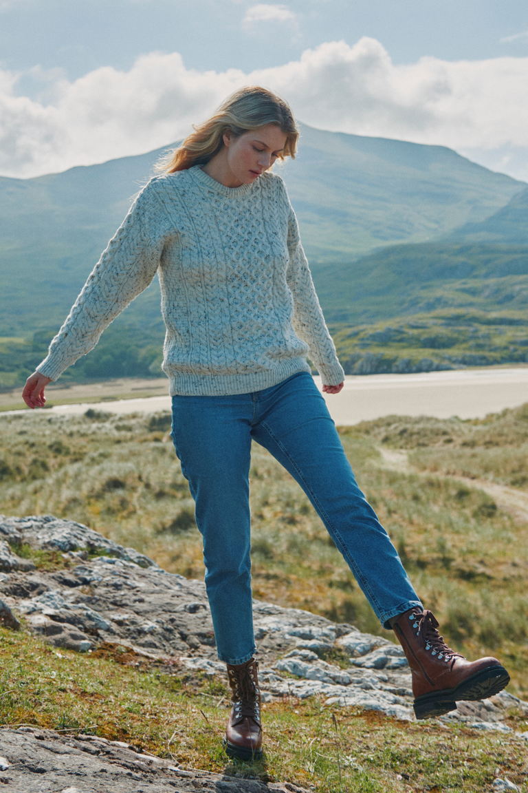Inisheer Traditional Ladies Merino Aran Sweater - Flecked Cream