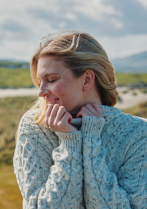 Inisheer Traditional Ladies Merino Aran Sweater - Flecked Cream