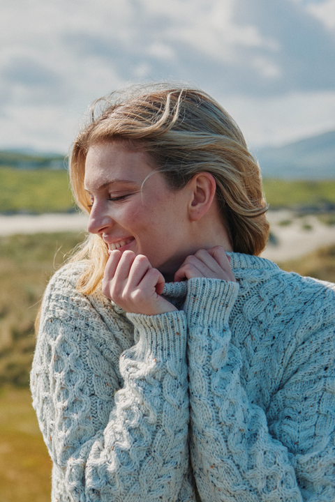 Inisheer Traditional Ladies Merino Aran Sweater - Flecked Cream