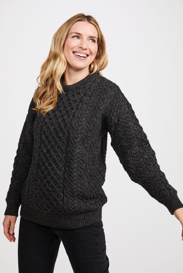 Inishbofin Traditioneller Aran-Pullover für Damen, Anthrazit