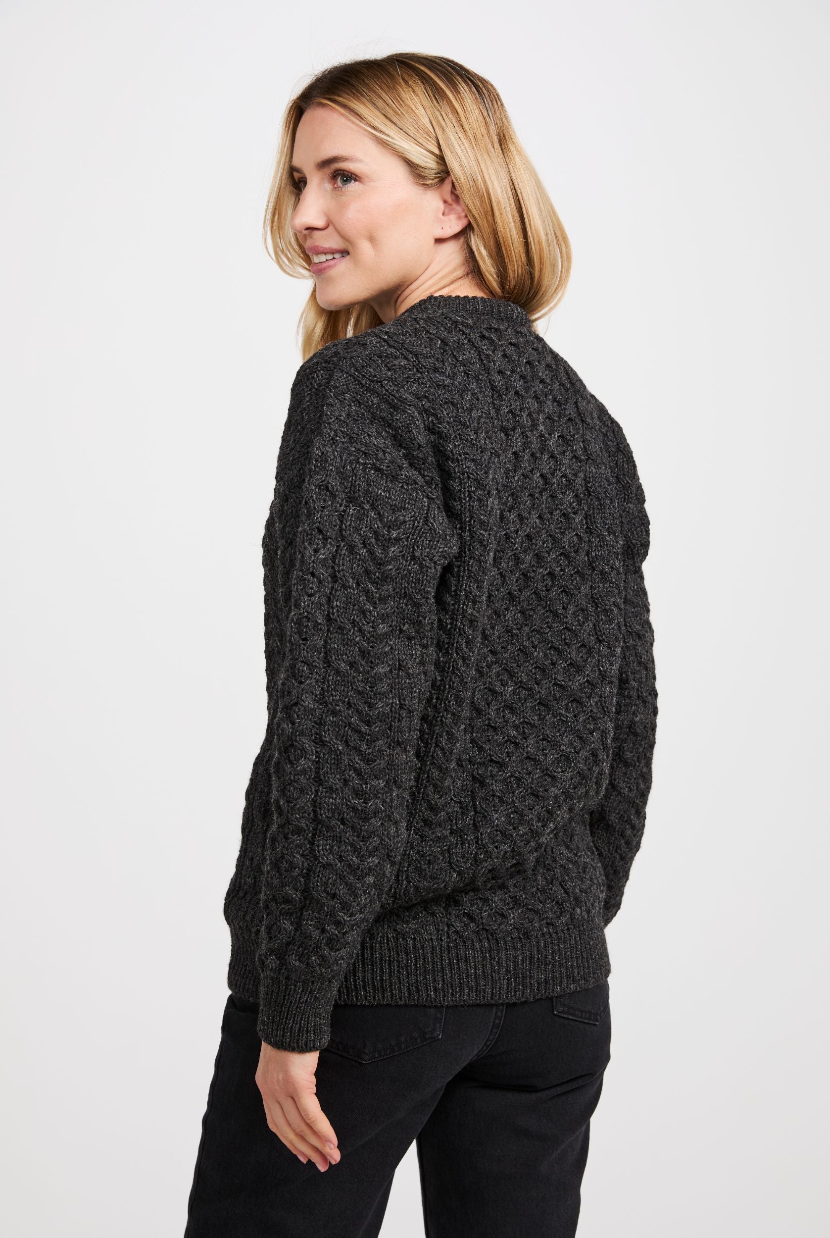 Inishbofin Ladies Traditional Aran Wool Sweater Charcoal