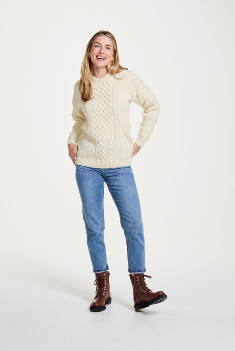 Inishbofin Traditioneller Aran-Pullover für Damen, Creme