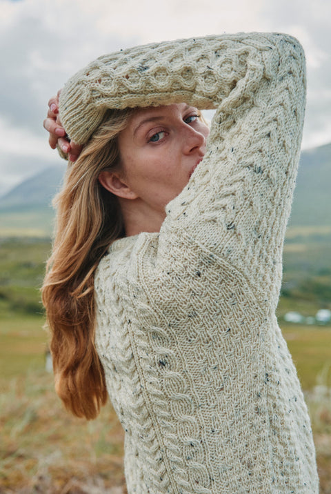 Inishbofin Traditional Ladies Aran Wool Sweater - Flecked Cream