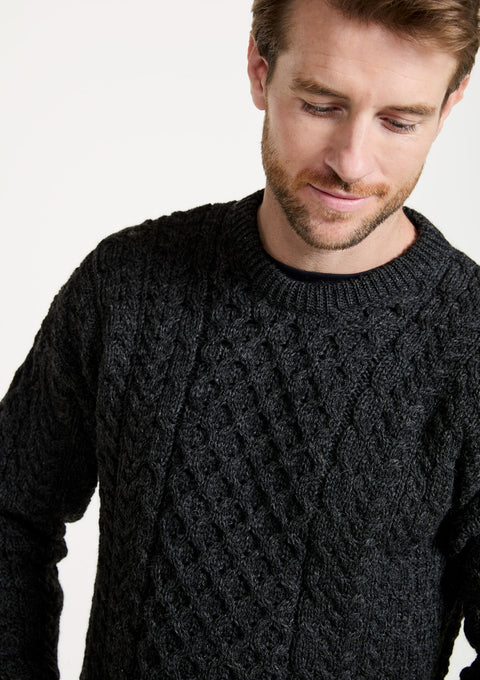 Made in Ireland, knitwear, men's sweater, Aran sweater, worsted wool, oat, cable knit, unisex, fisherman
