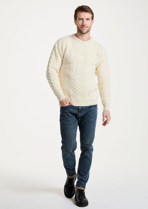 Sweater, merino wool, jumper, made in Ireland, Crew neck, cable knit, knitwear.wool jumper,aran, unisex,cream
