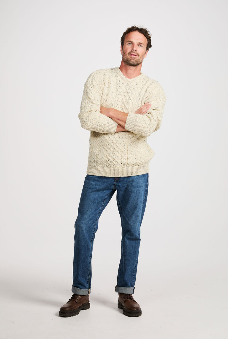 Pull Aran traditionnel pour homme Inishbofin - Crème mouchetée