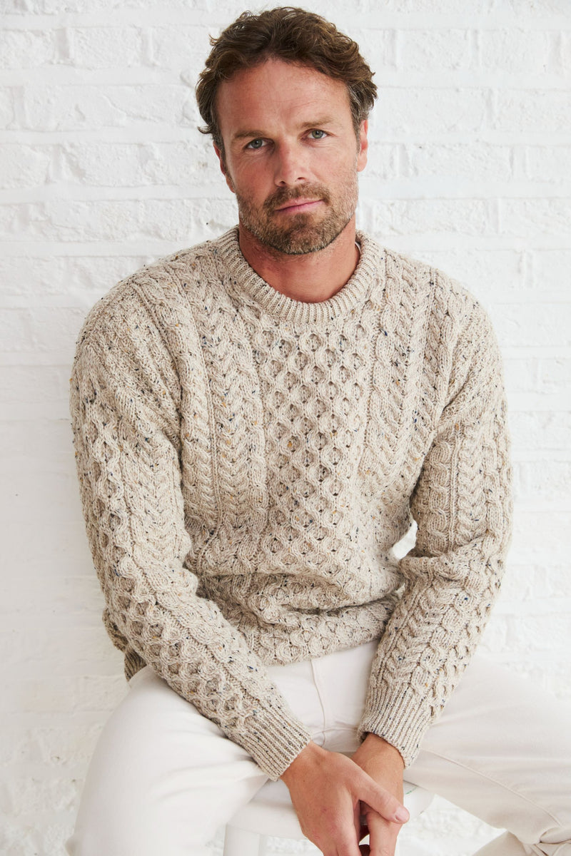 Made in Ireland, knitwear, men's sweater, Aran sweater, worsted wool, oat, cable knit, unisex, fisherman