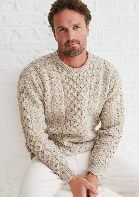Made in Ireland, knitwear, men's sweater, Aran sweater, worsted wool, oat, cable knit, unisex, fisherman