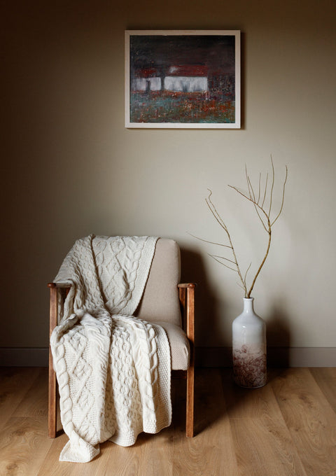 Dugort Honey, Diamond & Cable Aran Blanket - Cream