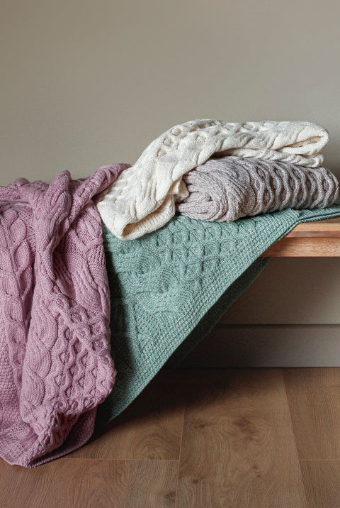 Dugort Honey, Diamond & Cable Aran Blanket - Cream