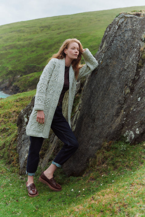 Tara Ladies Merino Aran Long Shawl Cardigan - Flecked Cream