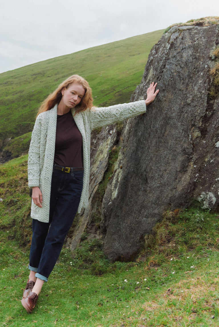 Tara Ladies Merino Aran Long Shawl Cardigan - Flecked Cream