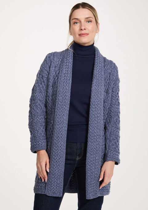 Cardigan long châle Tara pour femme en laine mérinos Aran - Crème mouchetée