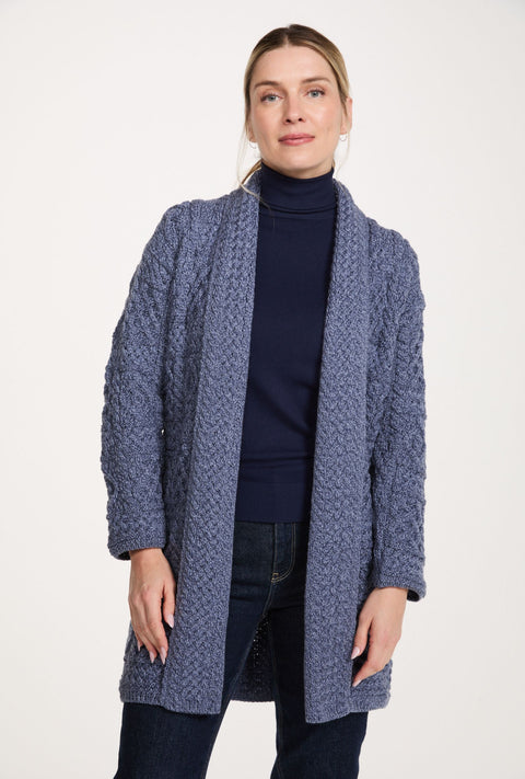Tara Ladies Merino Aran Long Shawl Cardigan - Denim