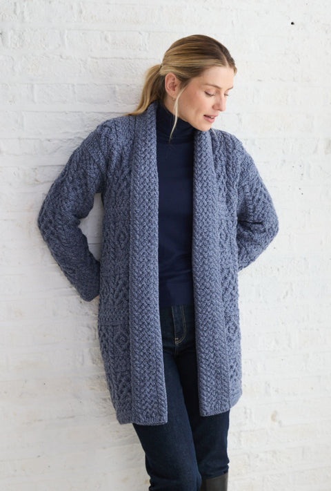 Tara Ladies Merino Aran Long Shawl Cardigan - Denim