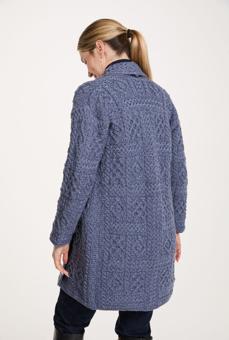 Tara Ladies Merino Aran Long Shawl Cardigan - Denim