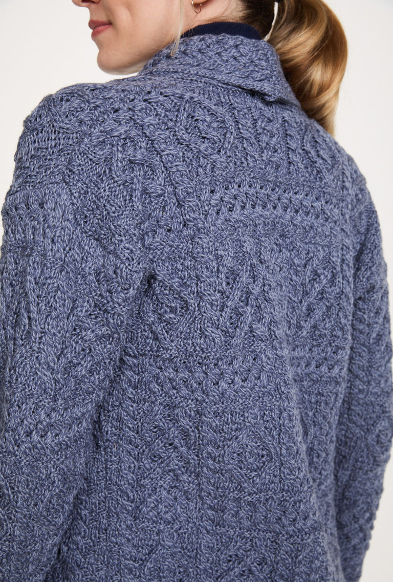 Tara Ladies Merino Aran Long Shawl Cardigan - Denim
