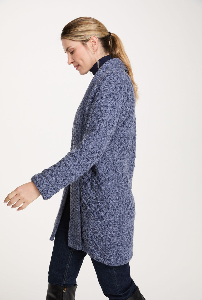Tara Ladies Merino Aran Long Shawl Cardigan - Denim