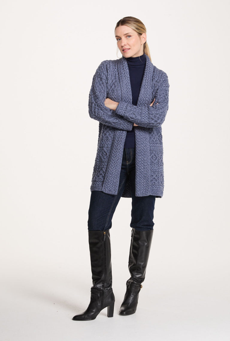 Tara Ladies Merino Aran Long Shawl Cardigan - Denim
