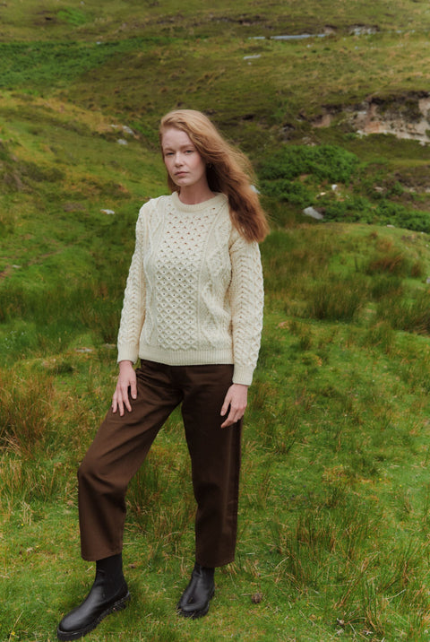 Moher Traditional Aran Sweater - Cream