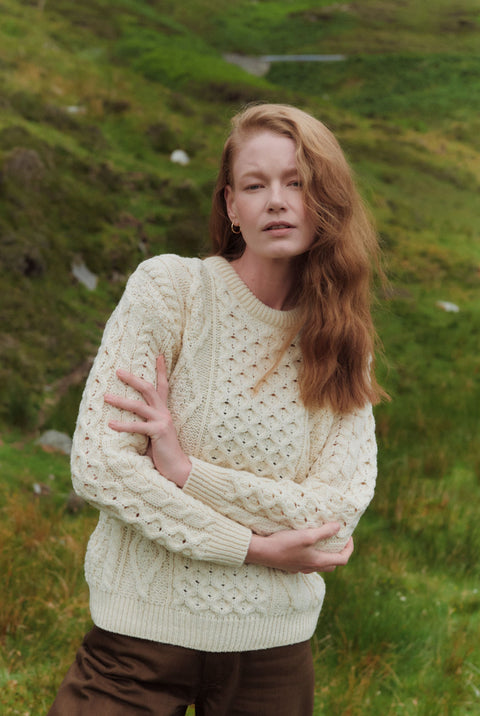 Moher Traditional Aran Sweater - Cream