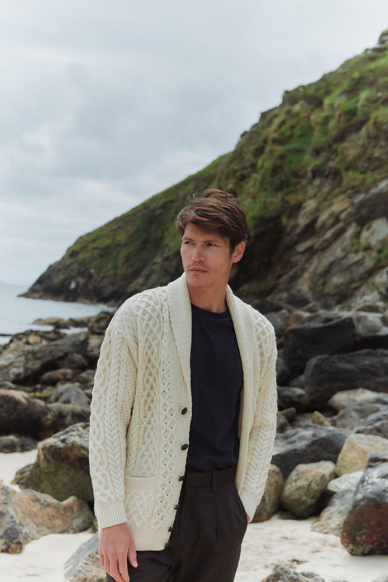 Carlingford Mens Merino Shawl Neck Cardigan - Cream