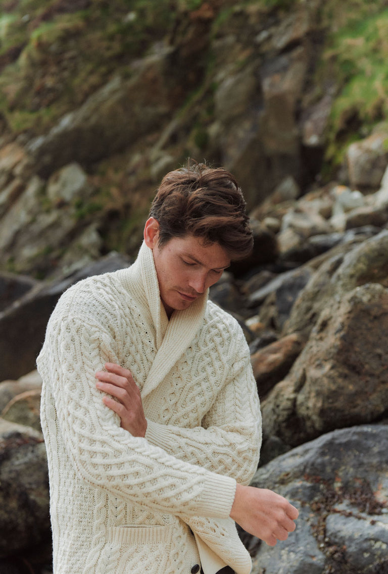 Carlingford Mens Merino Shawl Neck Cardigan - Cream