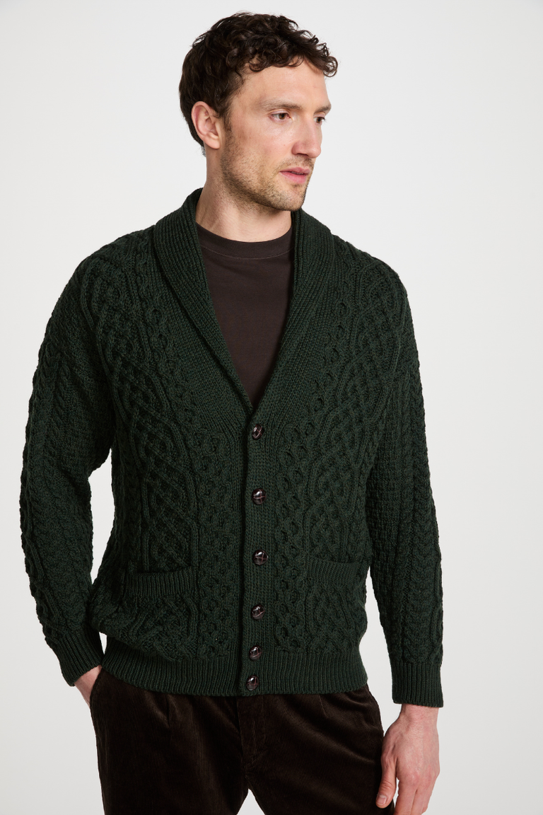 Carlingford Mens Merino Shawl Neck Cardigan - Dark Green