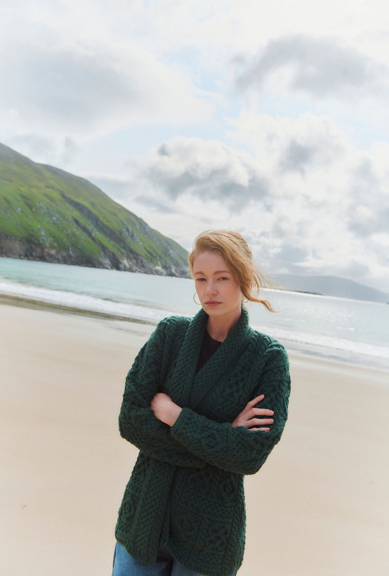Liffey Ladies Merino Aran Shawl Cardigan - Green
