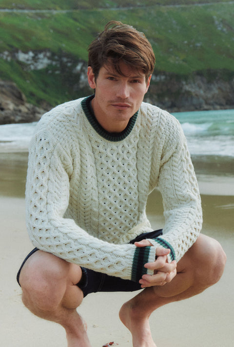 Inishbeg Mens Stripe Crewneck Merino Aran Sweater - Cream