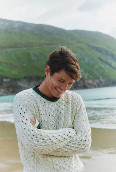 Inishbeg Mens Stripe Crewneck Merino Aran Sweater - Cream