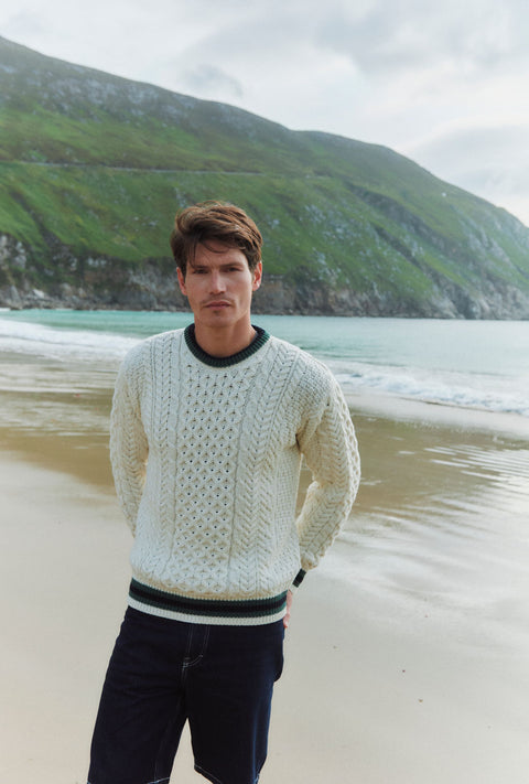 Inishbeg Mens Stripe Crewneck Merino Aran Sweater - Cream