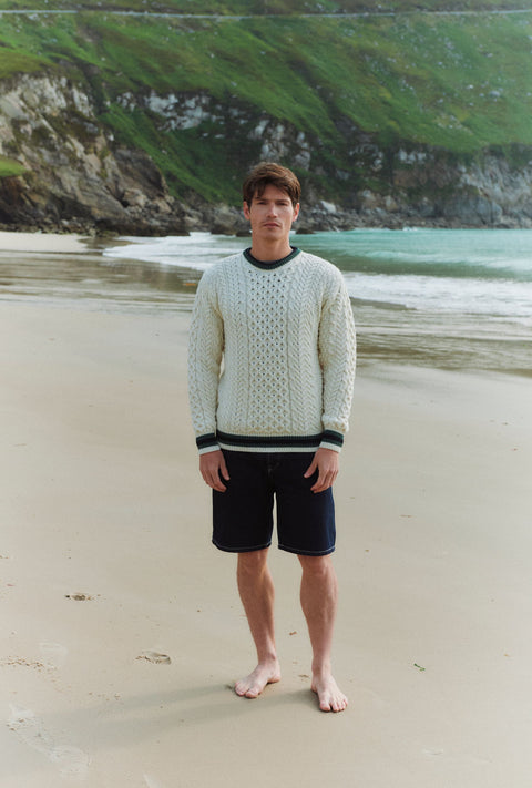 Inishbeg Mens Stripe Crewneck Merino Aran Sweater - Cream