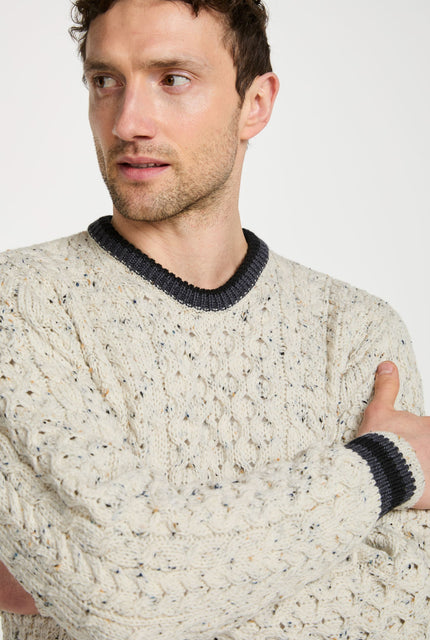 Men's sweater,  Aran, merino wool, made in Ireland, Irish sweater, Boyfriend, cable knit, crew neck，Pullover，cream