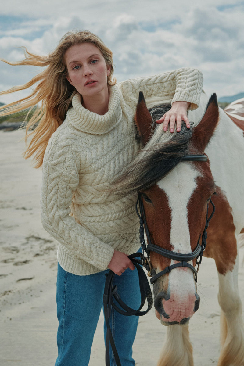 Merino wool sweater, Ireland, Aran, jumper, Pullover, made in Ireland, knitwear, women's sweater, ladies' jumper, cream