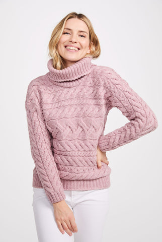 Derreen Aran Horizontal Cable Sweater - Pink