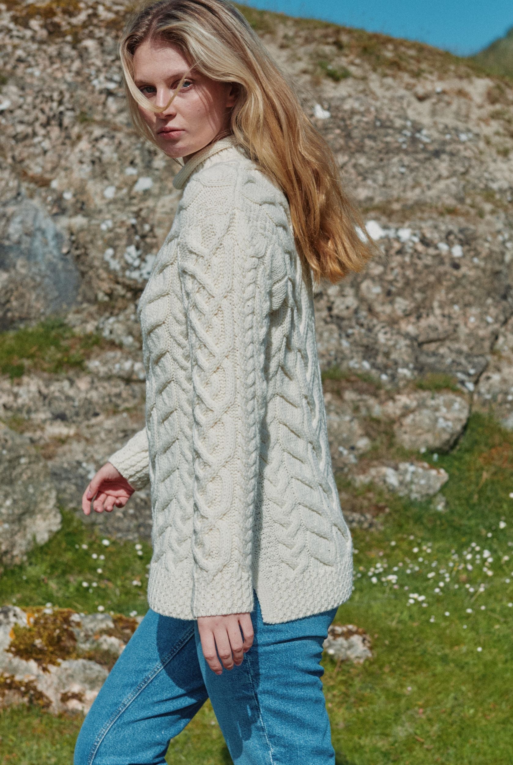 Calla Aran Aysmmetrical Pattern Sweater Cream