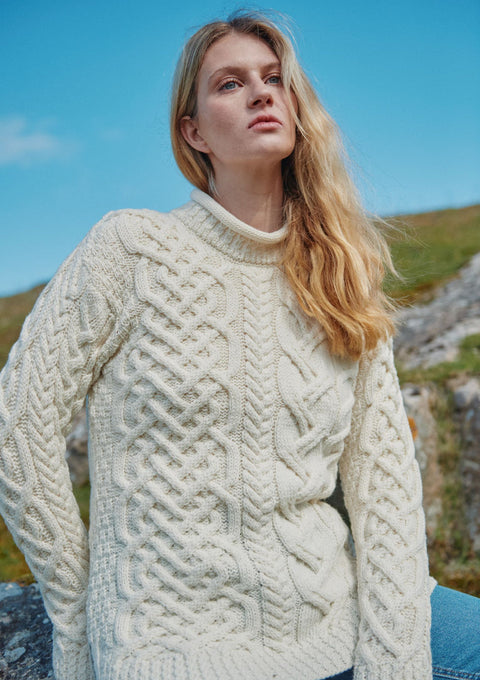 Merino wool, sweater, crew neck, Aran, ladies sweater, wool jumper, made in Ireland, knitwear,green