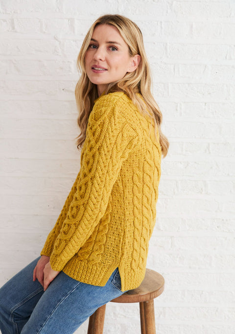 Merino wool, sweater, crew neck, yellow sweater, Aran, ladies sweater, wool jumper, made in Ireland, knitwear