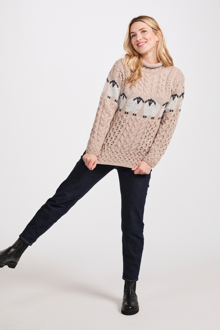 Inisheer Traditioneller Damen-Merino-Aran-Pullover – Marineblau