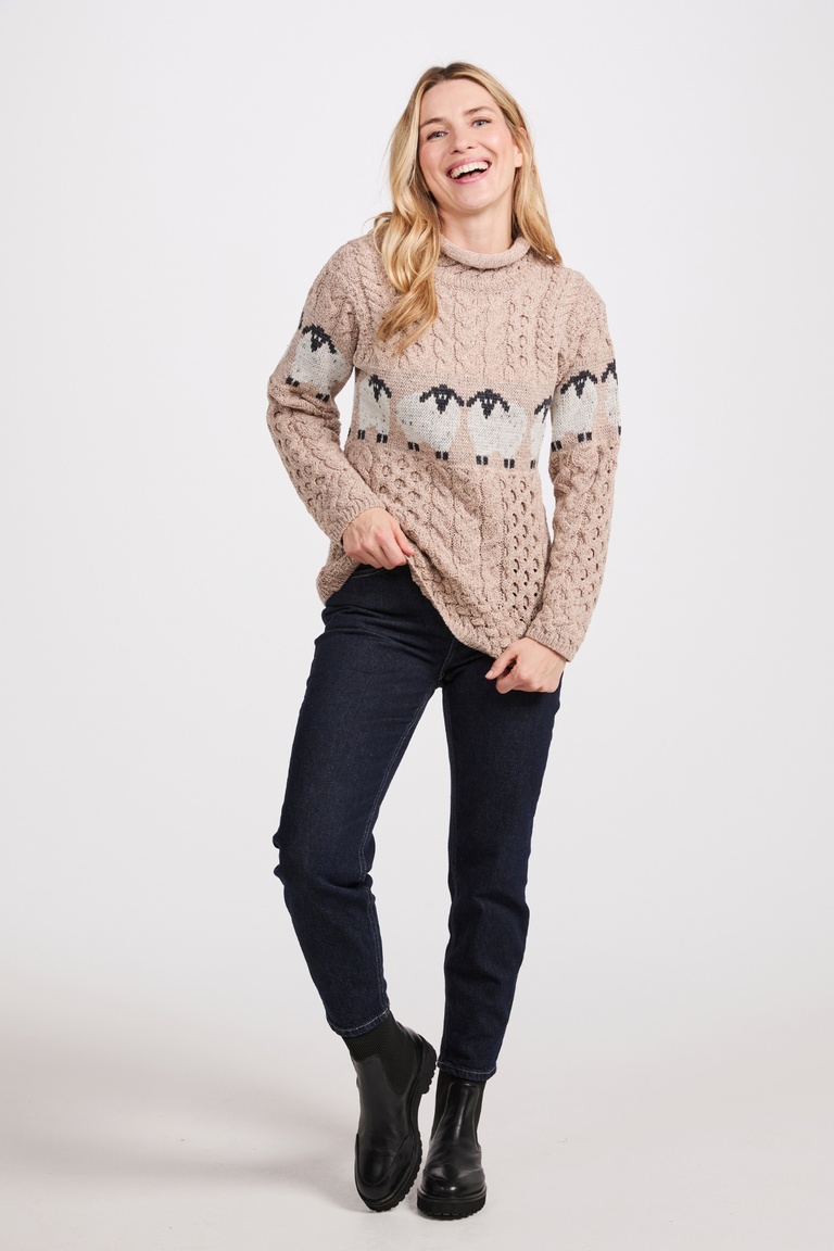 Inisheer Traditioneller Damen-Merino-Aran-Pullover – Marineblau