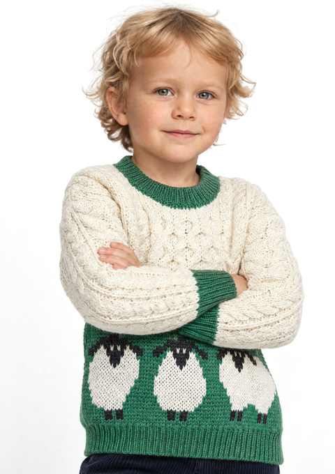 Lucky Ewe Childrens Sheep Sweater - Cream and Green